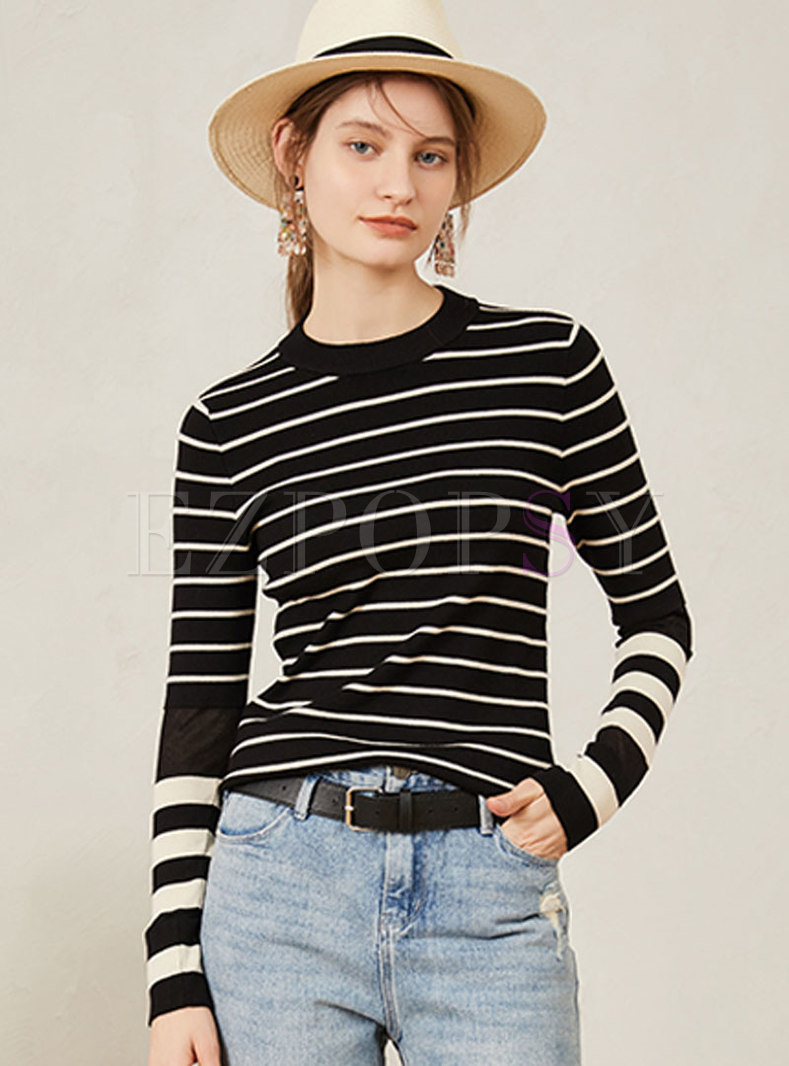 Stand Collar Striped Color-blocked Slim Sweater 