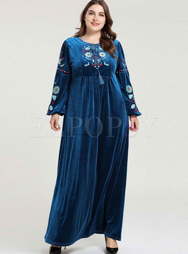 Plus Size Long Sleeve Embroidered Maxi Dress