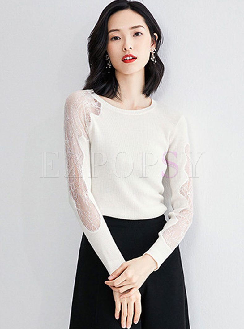 Crew Neck Mesh Patchwork Pullover Sweater