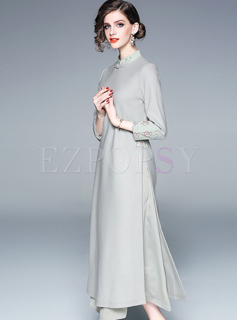 Dresses | Maxi Dresses | Mandarin Collar Long Sleeve Wool Maxi Dress