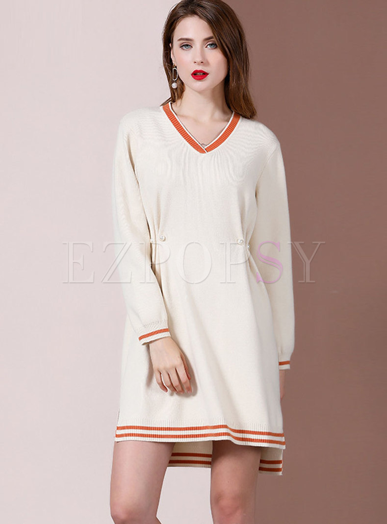 V-neck Color-blocked Split Sweater Dress