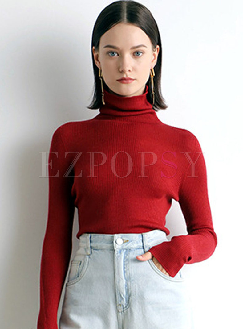 Tops | Sweaters | Red Turtleneck Slim Pullover Sweater