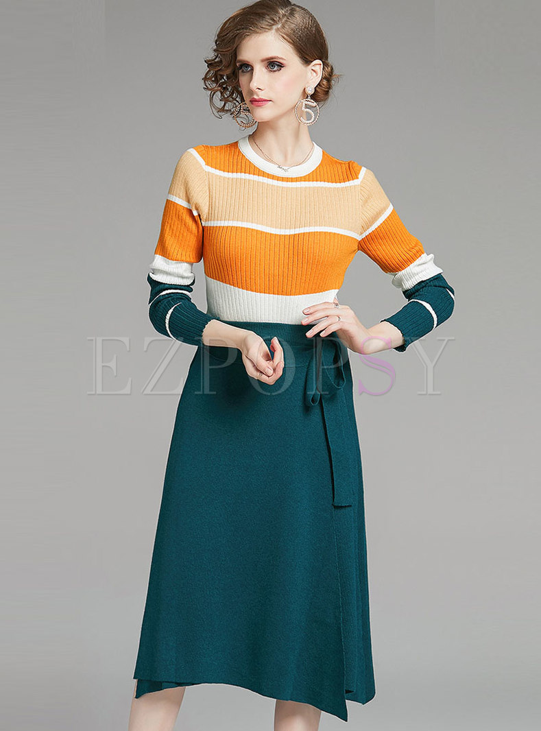 Color-blocked Knit Two Piece Dresses