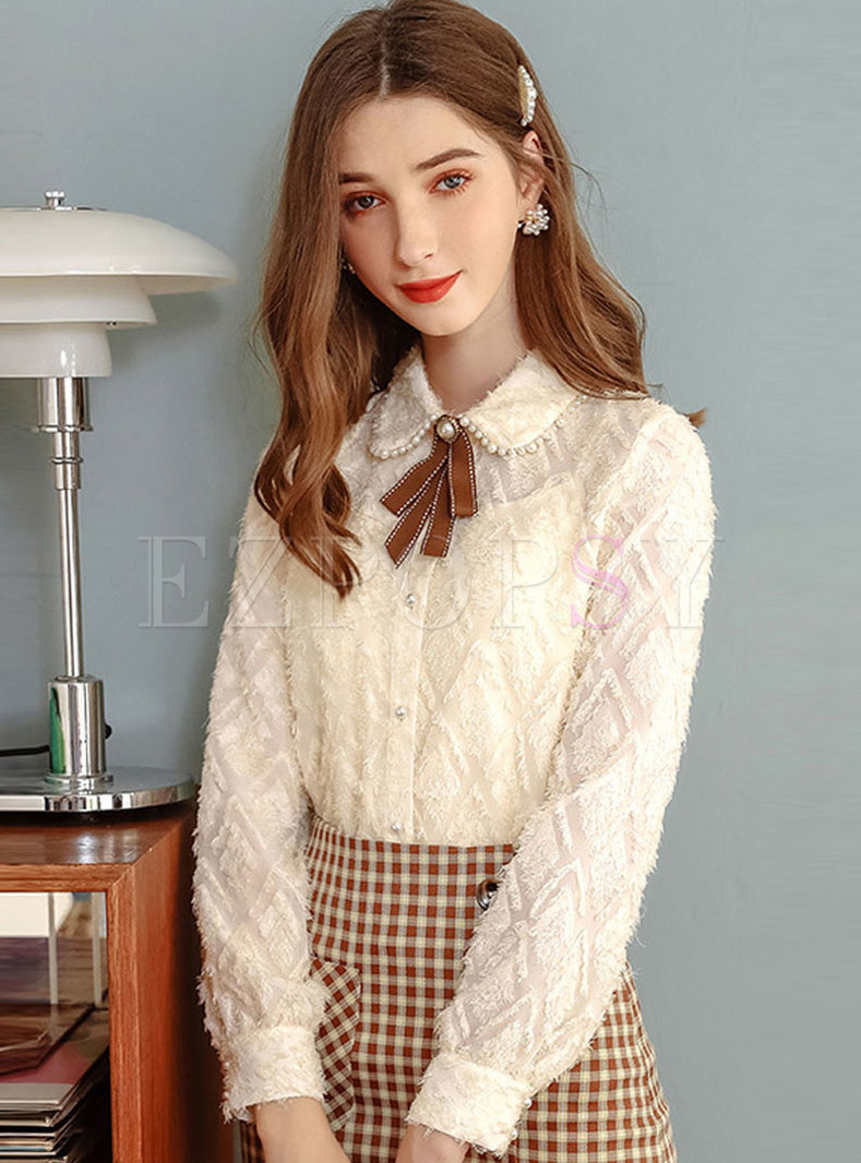 Lapel Jacquard Bowknot Blouse With Camisole