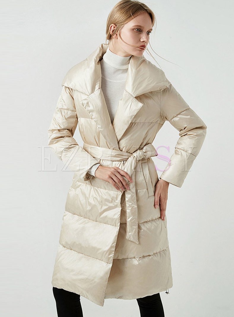 Solid Color Turn Down Collar Puffer Coat With Belt 