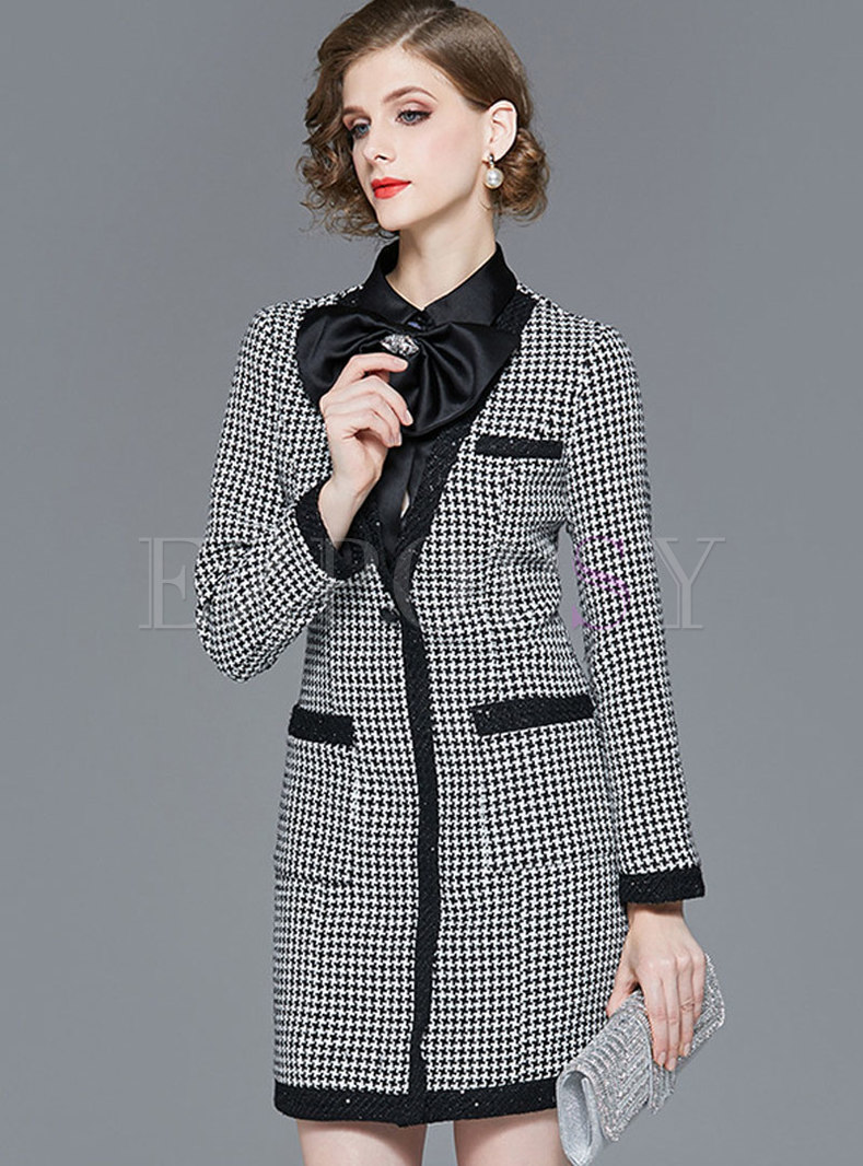 Dresses Bodycon Dresses Stand Collar Bowknot Houndstooth Bodycon Dress 