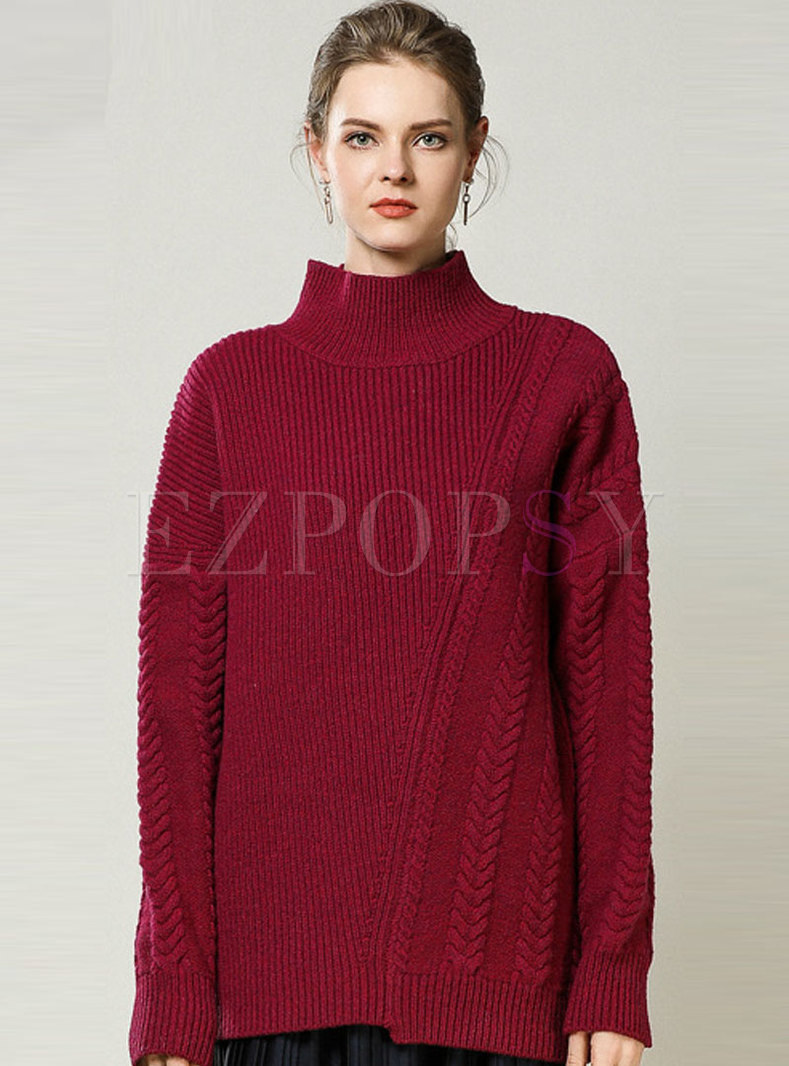 Rose Red High Collar Straight Loose Sweater