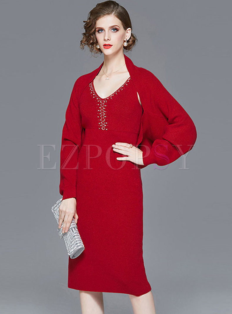 V-neck Beading Knitted Dress With Sweater Shawl