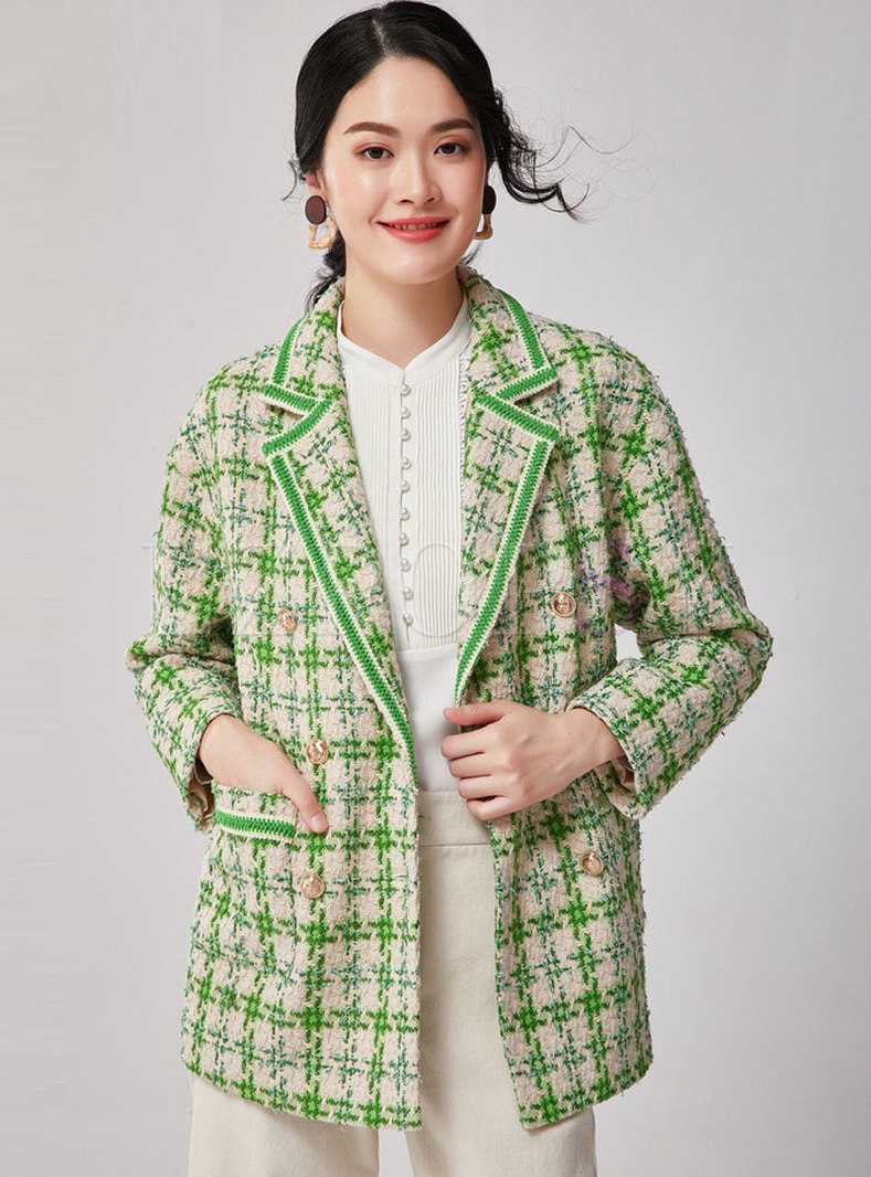 Notched Double-breasted Tweed Loose Coat 