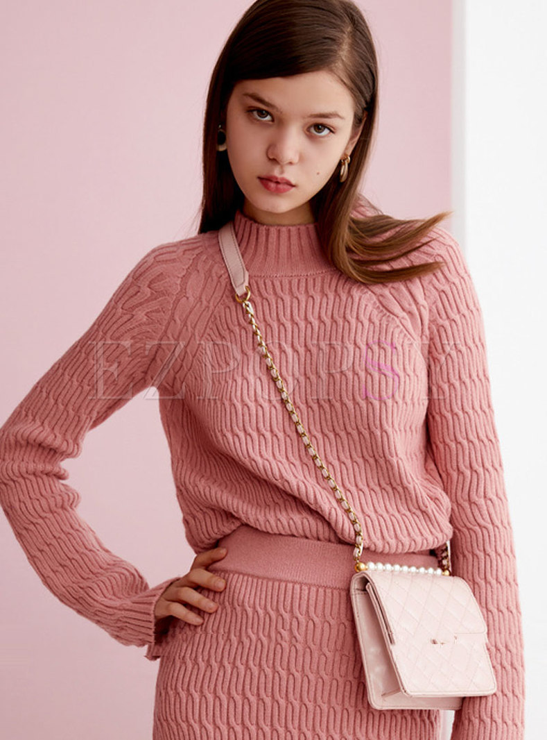 Pink Mock Neck Straight Loose Pullover Sweater