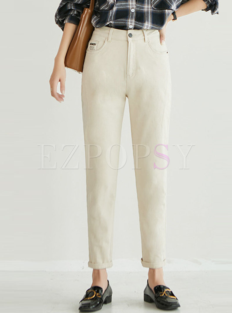 White High Waisted Thick Denim Tapered Pants