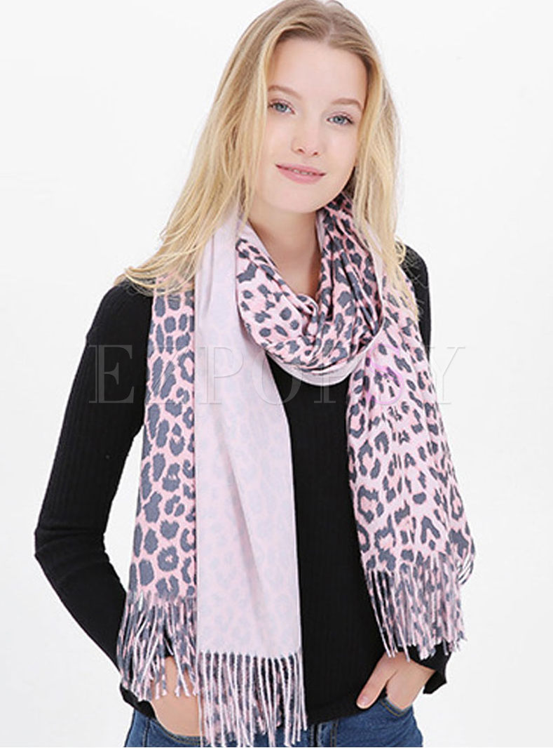 Leopard Faux Cashmere Fringed Scarf