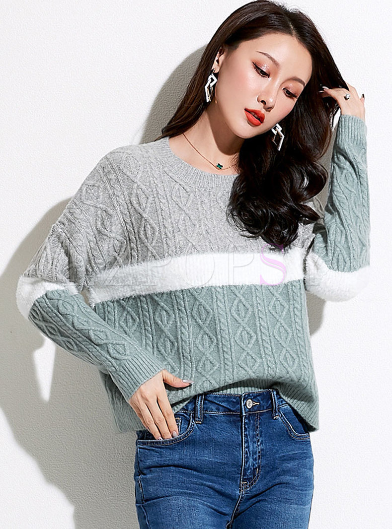 Crew Neck Color-blocked Loose Cable Knit Sweater
