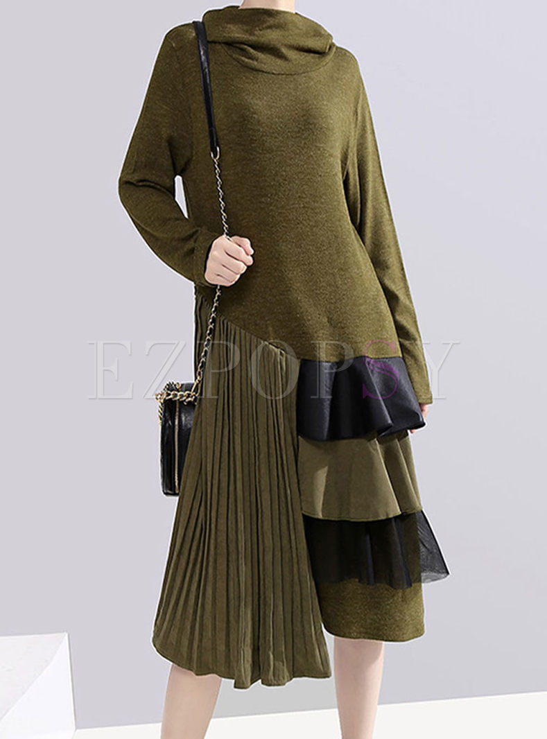 Turtleneck Long Sleeve Pleated Sweater Dress