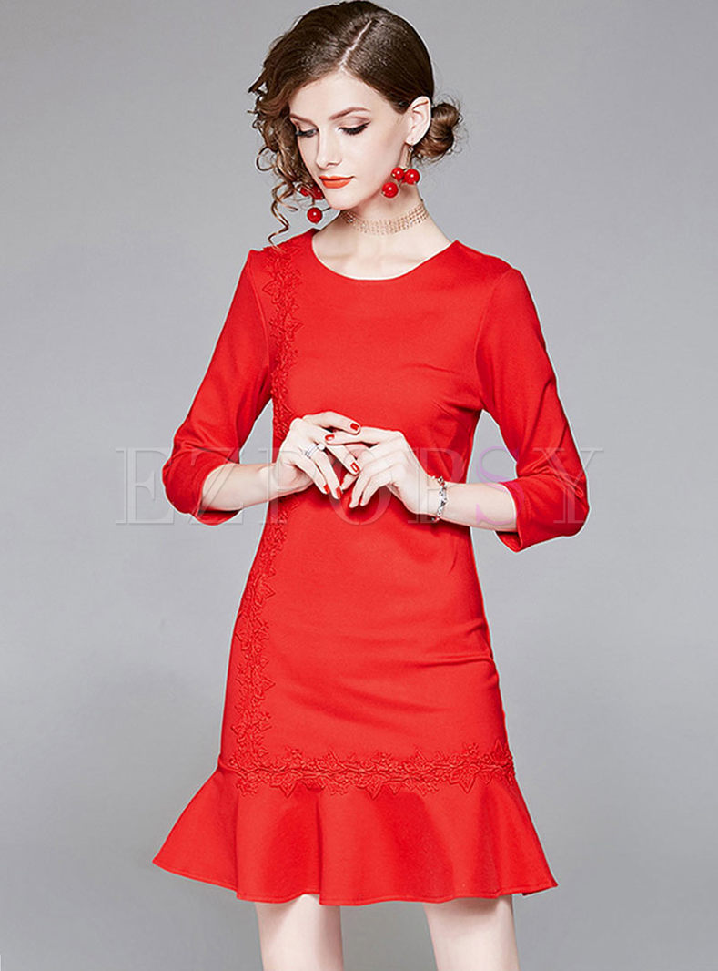 Dresses | Bodycon Dresses | Red Crew Neck Peplum Mini Dress