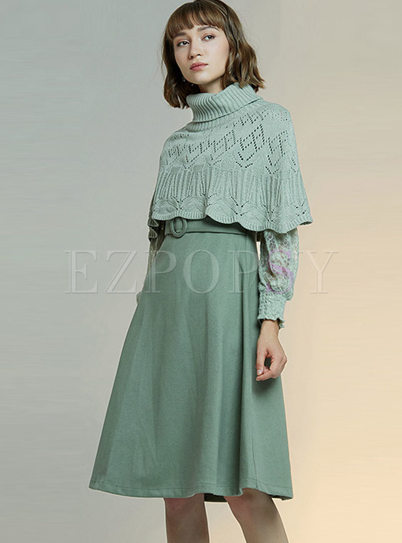 Lantern Sleeve Lace Patchwork Skater Dress With Shawl
