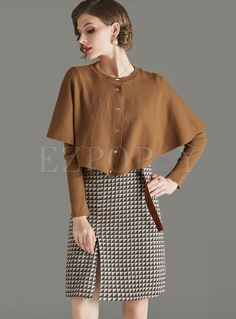 Patchwork Shawl Knit TOP & Plaid Pencil Skirt
