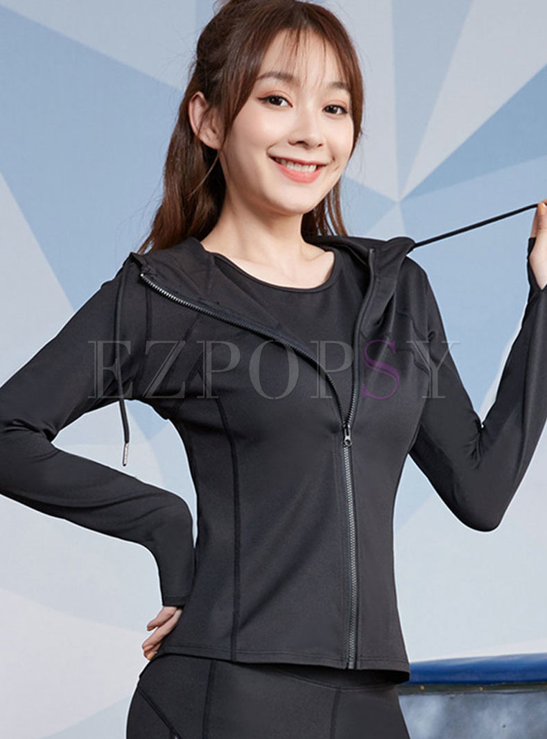 Black Hooded Drawcord Workout Jacket