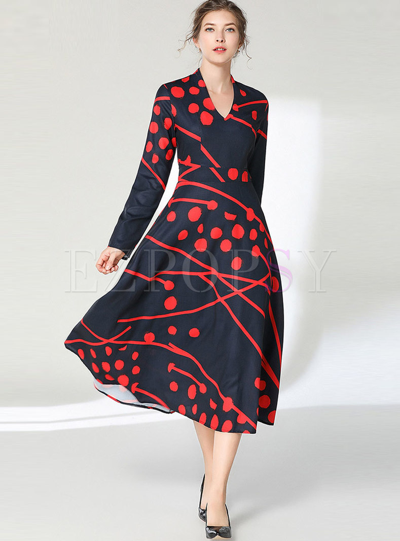 V-neck Print Color-blocked Waist Maxi Dress
