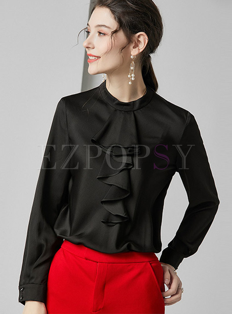 Tops | Blouses | Solid Color Mock Collar Falbala Pullover Silk Blouse