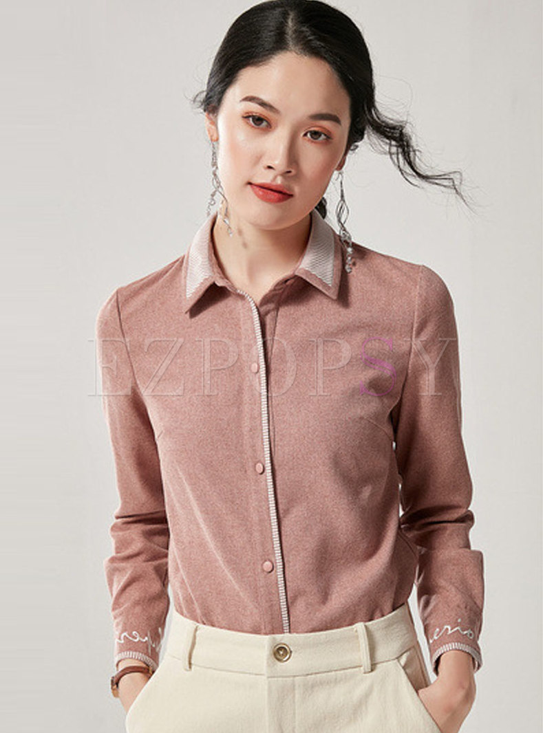 Letter Embroidered Patchwork Single-breasted Blouse