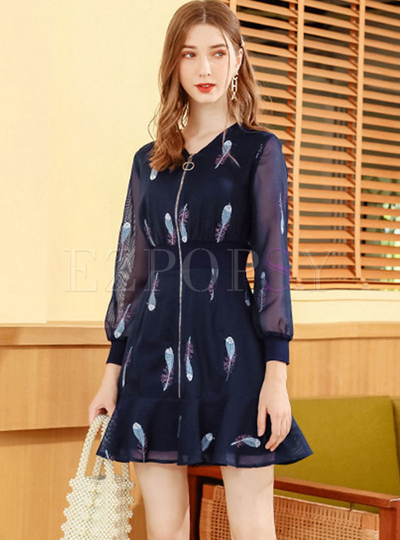 V-neck Long Sleeve Print Mini Dress