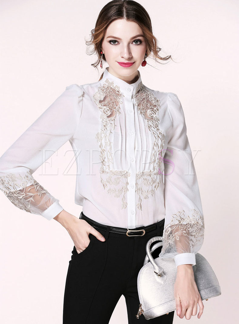 Tops | Blouses | Mock Neck Lace Embroidered Chiffon Blouse