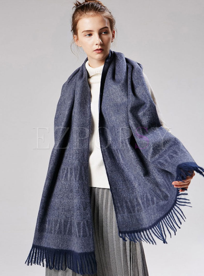 Navy Blue Faux Cashmere Fringed Scarf