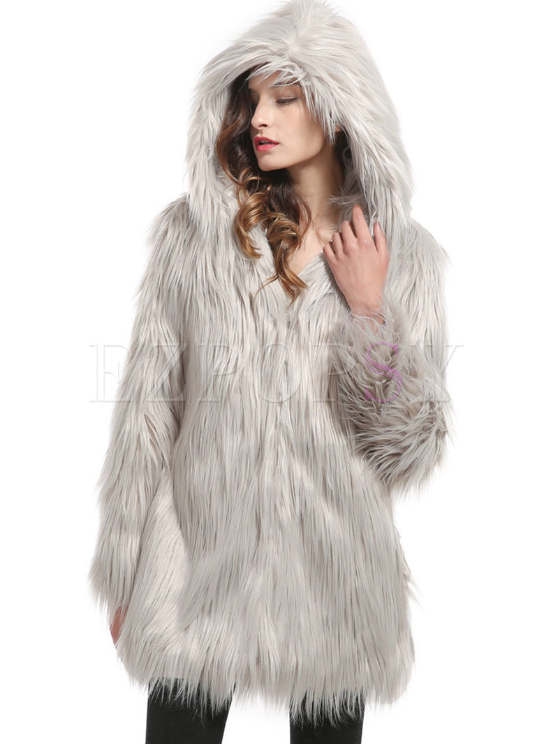 Solid Color Hooded Loose Faux Fur Coat