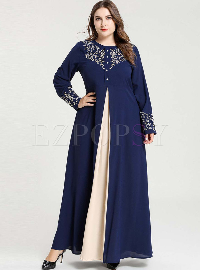 Plus Size Embroidered Patchwork A Line Maxi Dress