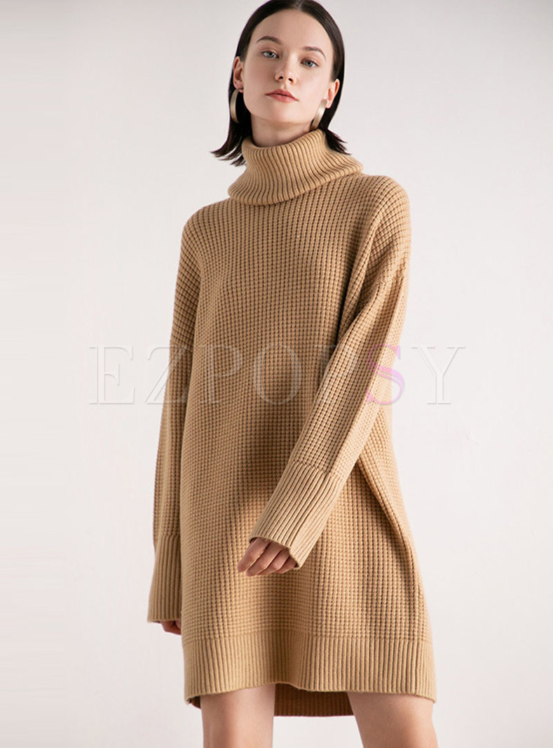 Solid Color Turtleneck Loose Sweater Dress