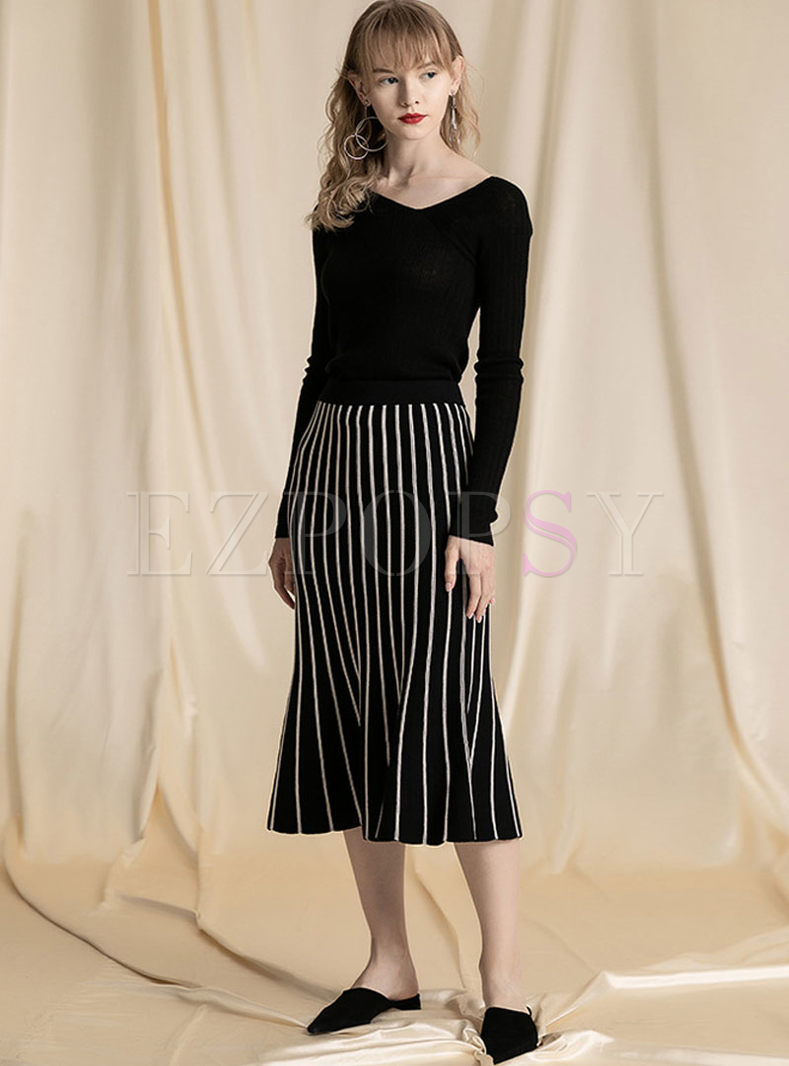 Skirts | Skirts | Black High Waisted Striped Sweater Skirt