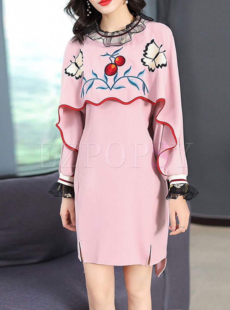 Pink Embroidered Long Sleeve Shift Dress
