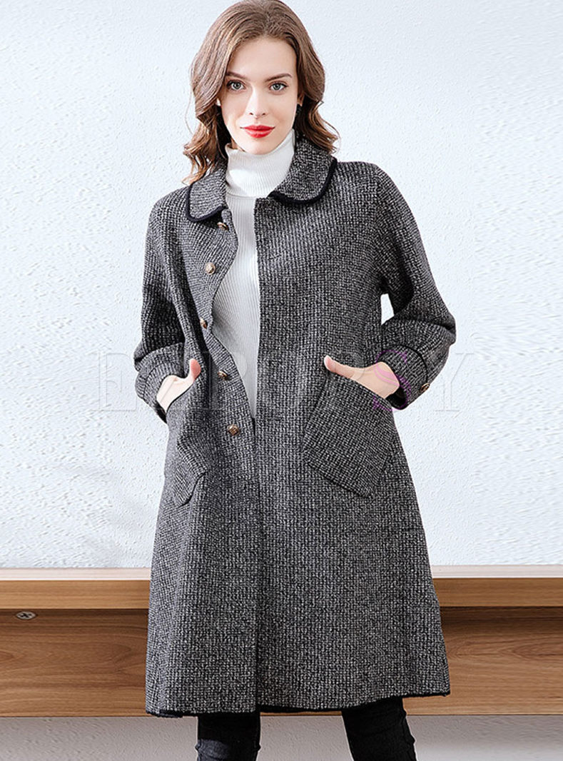 Grey Lapel A Line Wool Blended Coat