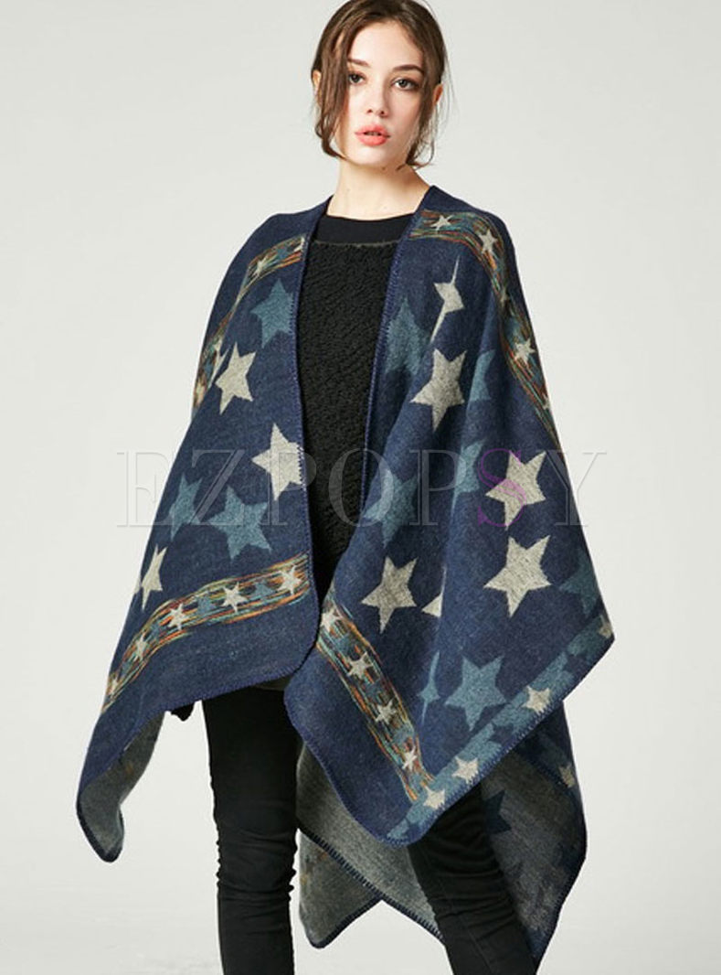 Color-blocked Star Print Thick Scarf