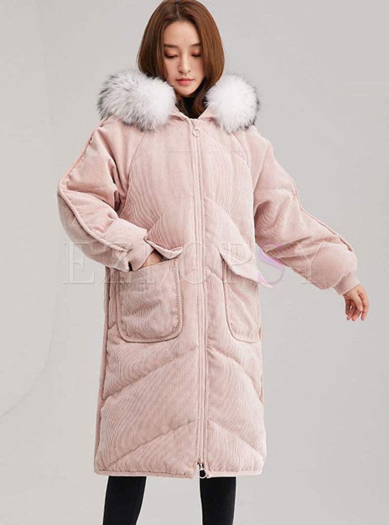 Hooded Corduroy Down Coat With Fur Collar