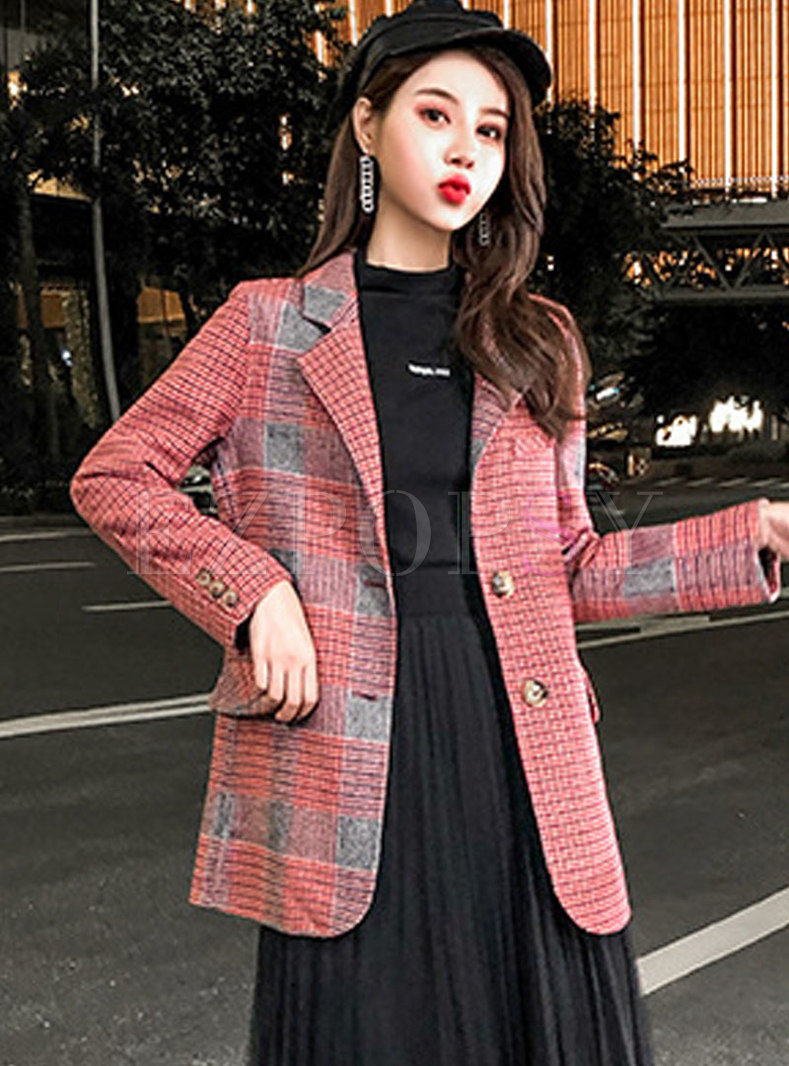 Notched Plaid Color-blocked Wool Blend Suit Coat