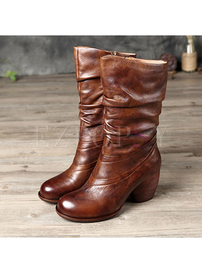 Thick Heel Round Head Pleated Leather Boots