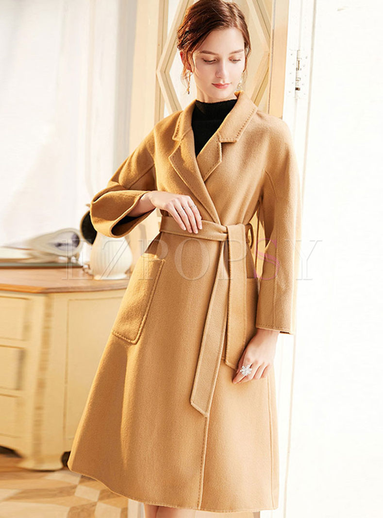 Notched Long Sleeve Wool Long Coat