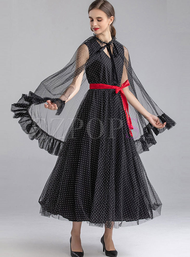 V-neck Long Sleeve Polka Dot Prom Maxi Dress