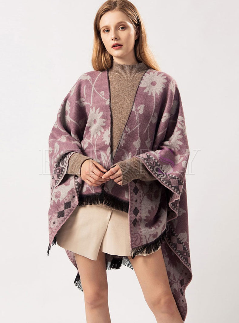Print Faux Cashmere Fringed Poncho Scarf