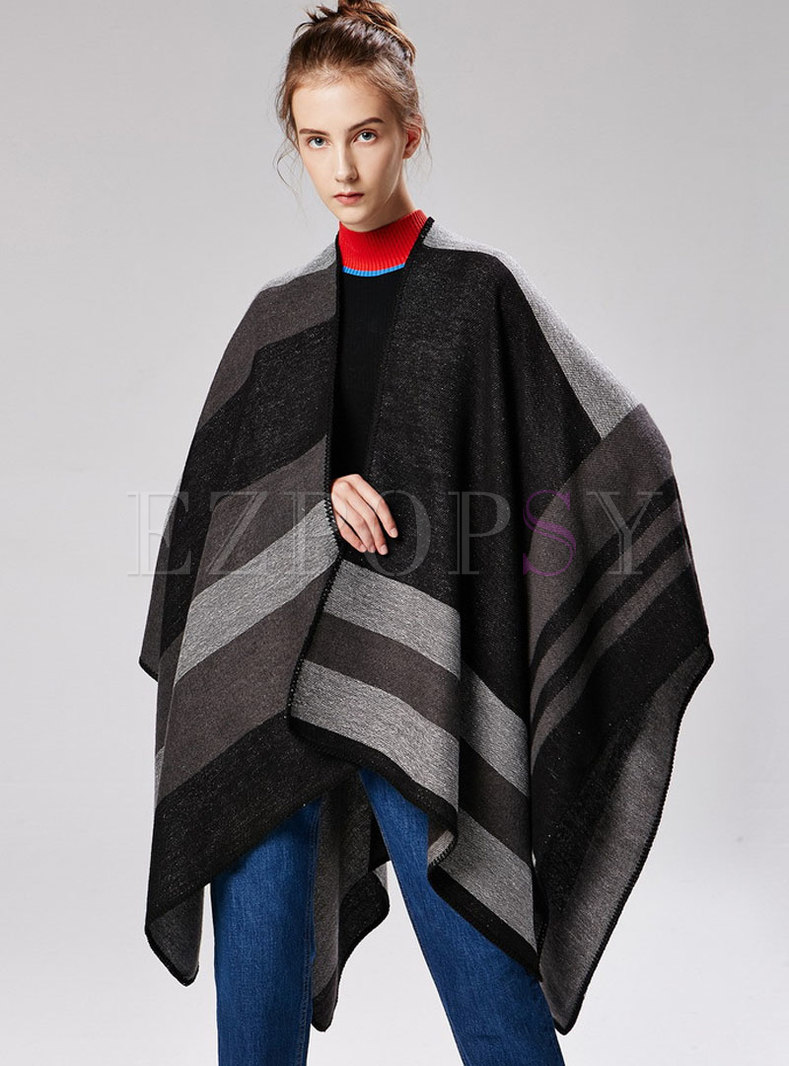 Color-blocked Striped Cloak Thick Scarf
