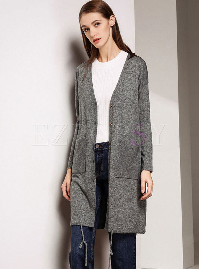 V-neck Zip-up Long Sleeve Sweater Coat