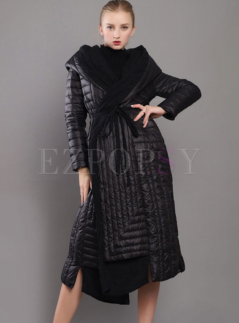 Black Hooded Asymmetric Long Puffer Coat