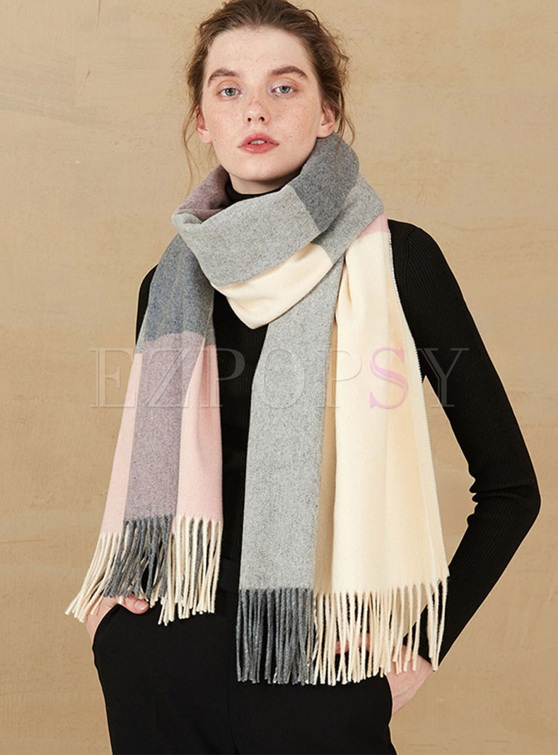 Color-blocked Thicken Fringed Poncho Scarf