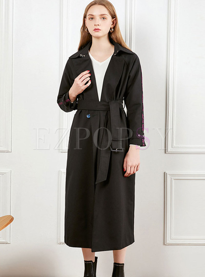 Letter Embroidered Long Trench Coat