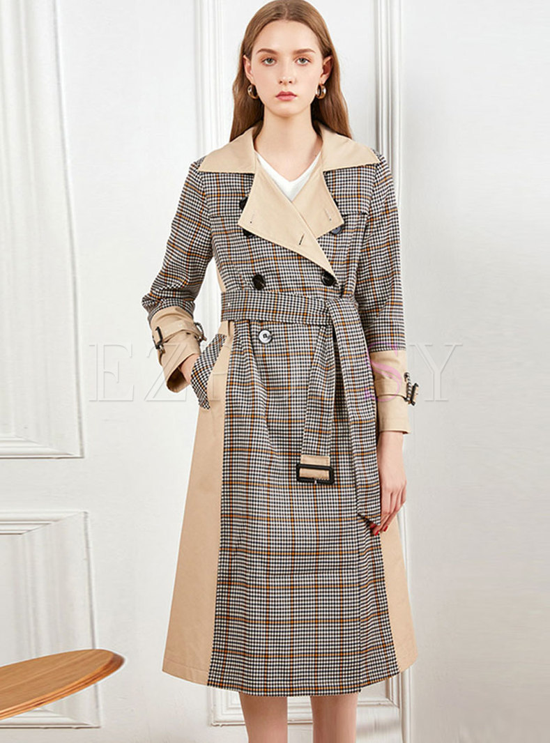 Notched Plaid Patchwork Long Trench Coat