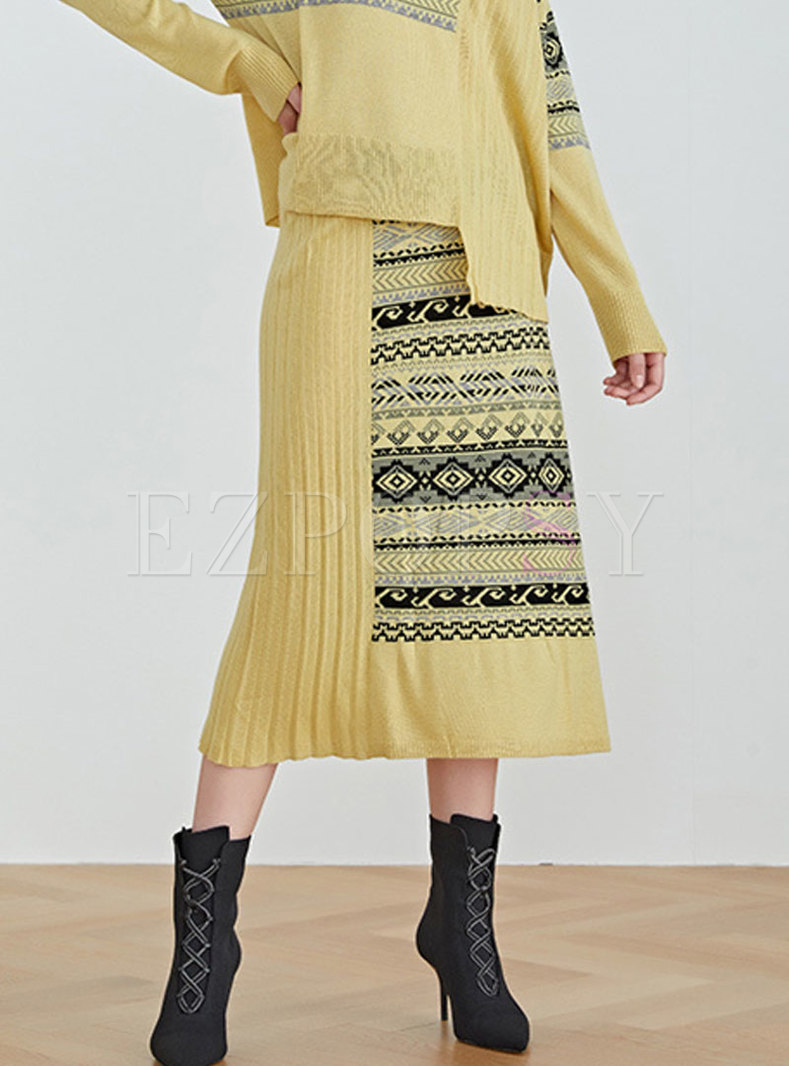 High Waisted Print Sweater Skirt