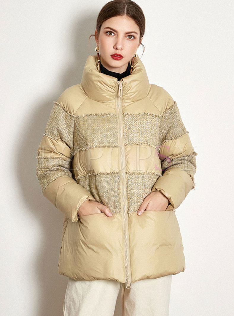 Download Outwear | Down Coats | Mock Neck Patchwork Loose Puffer Coat