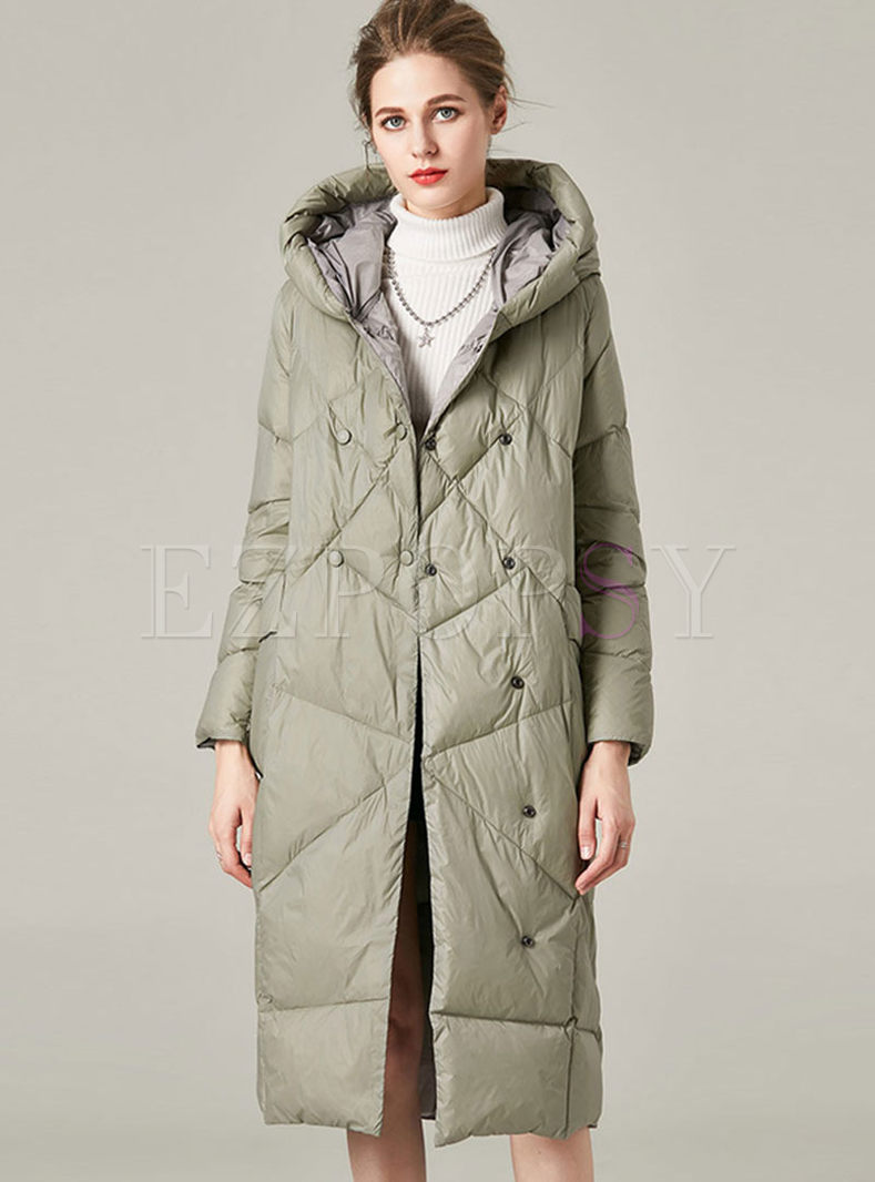 Hooded Double-breasted Lightweight Long Down Coat